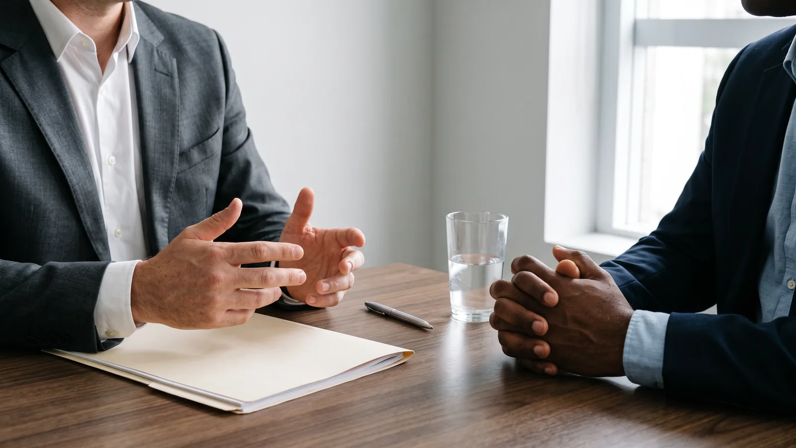 Advogado e cliente conversando à mesa, enquadrados da altura do peito para baixo: as mãos do advogado abertas sobre uma pasta de documentos enquanto explica, e as mãos do cliente entrelaçadas do outro lado