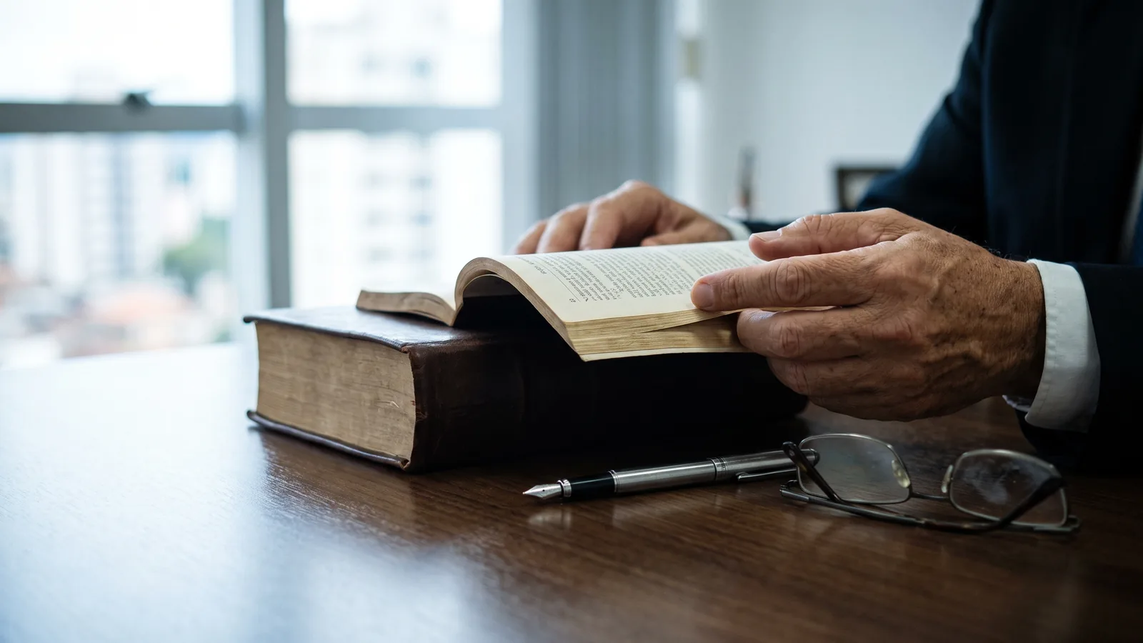 Mãos de um advogado folheando um código de leis encadernado sobre a mesa, com caneta-tinteiro e óculos de leitura ao lado, sob luz de janela