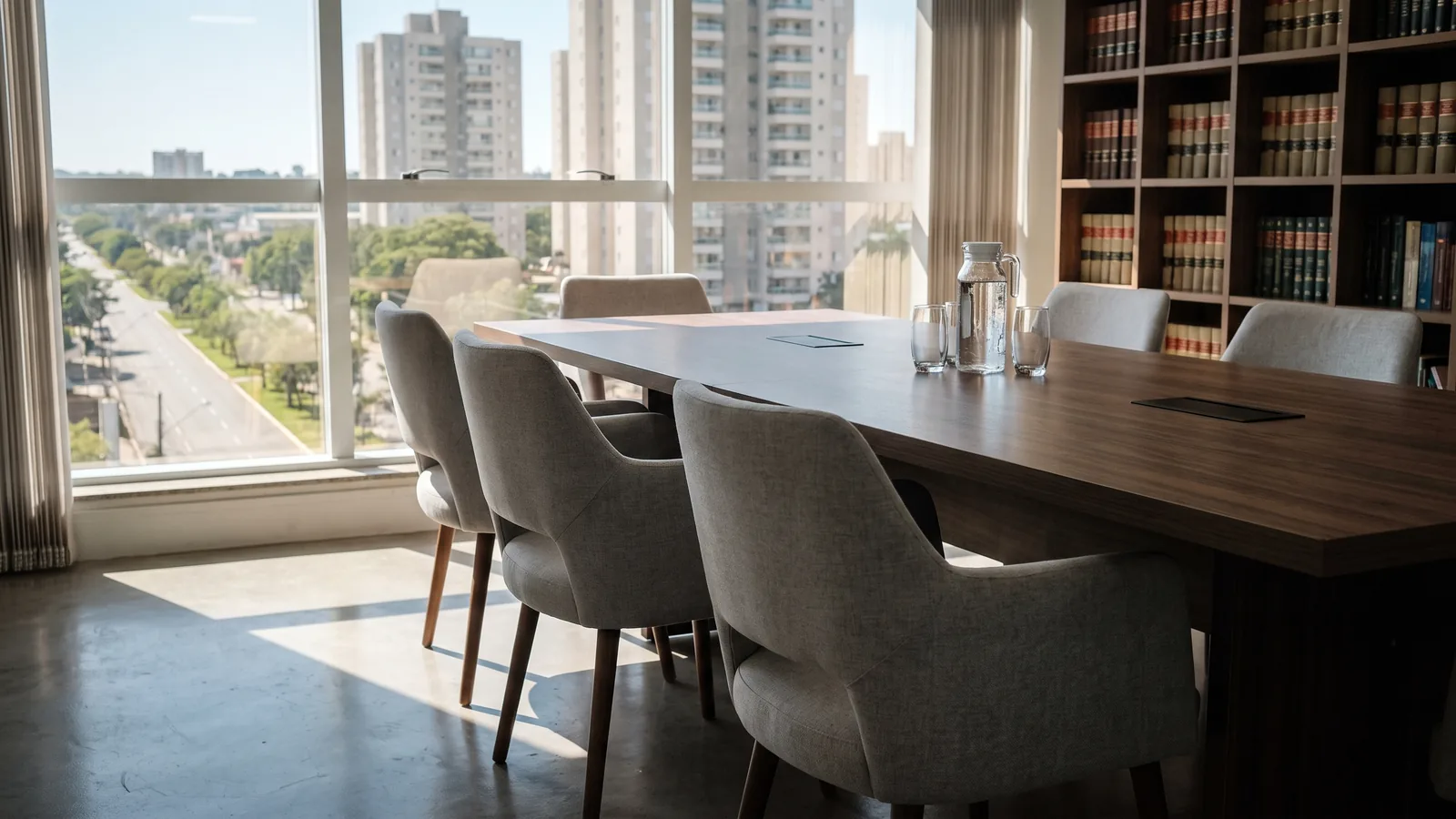 Sala de reunião de um escritório de advocacia com mesa longa de madeira, cadeiras estofadas, estante de livros jurídicos ao fundo e janela ampla com vista para uma avenida arborizada e prédios de uma cidade planejada