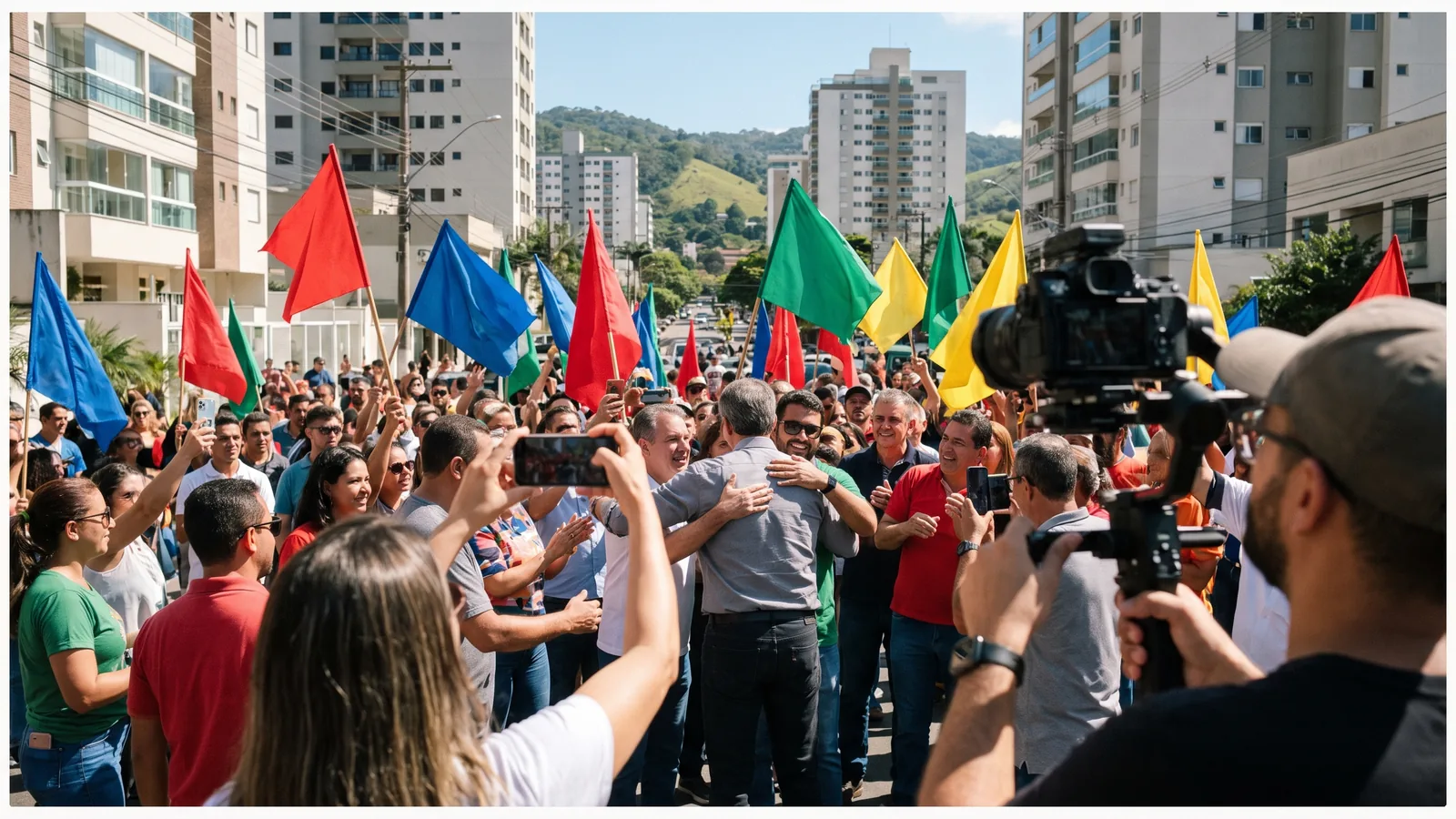 Caminhada de campanha numa avenida, com multidão de apoiadores e bandeiras, o candidato abraçando um apoiador no meio da rua e um videomaker filmando a cena em primeiro plano