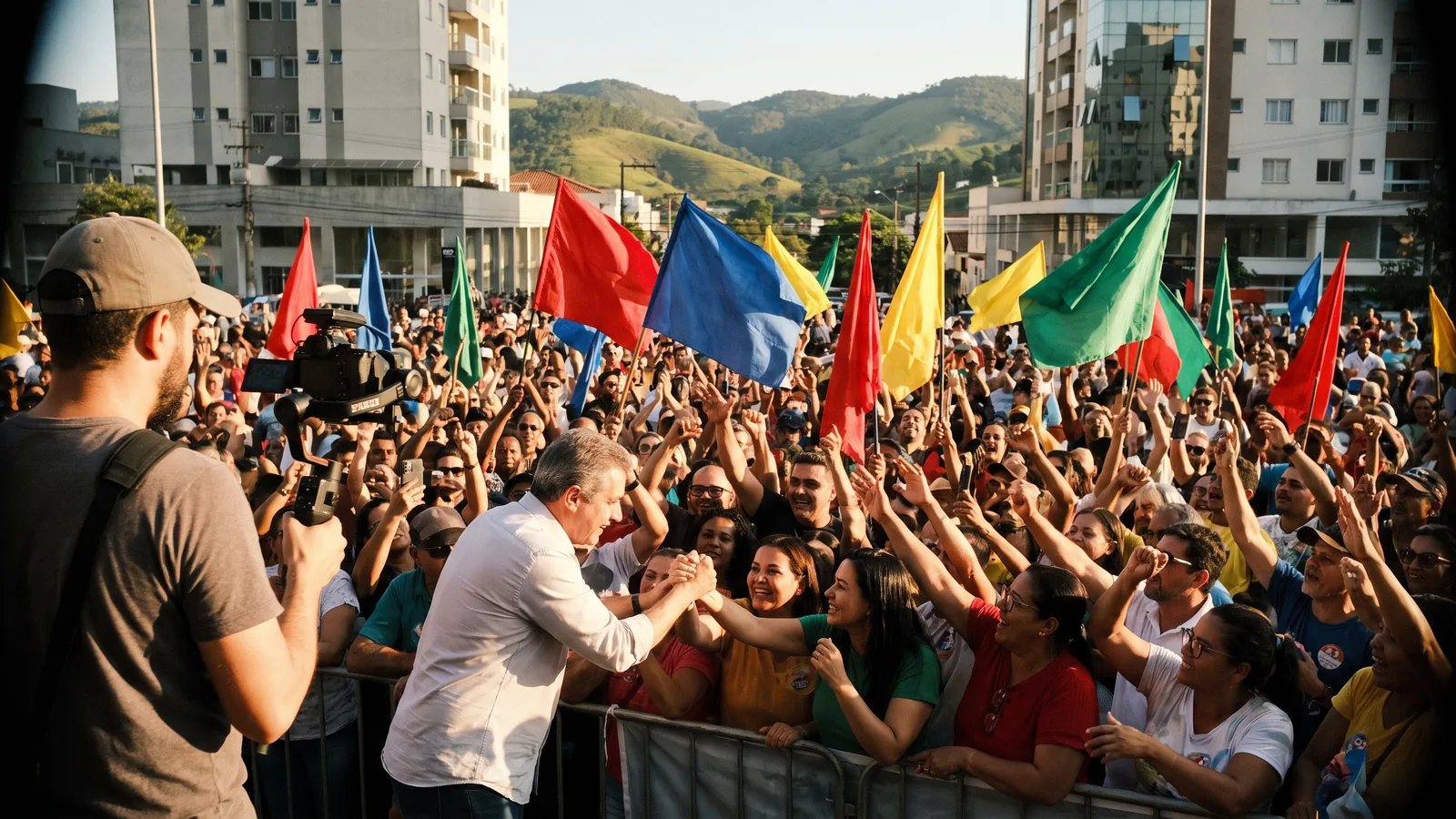 Comício de campanha ao ar livre com multidão de apoiadores de braços erguidos e bandeiras, o candidato cumprimentando quem está na grade e um cinegrafista filmando de dentro do público