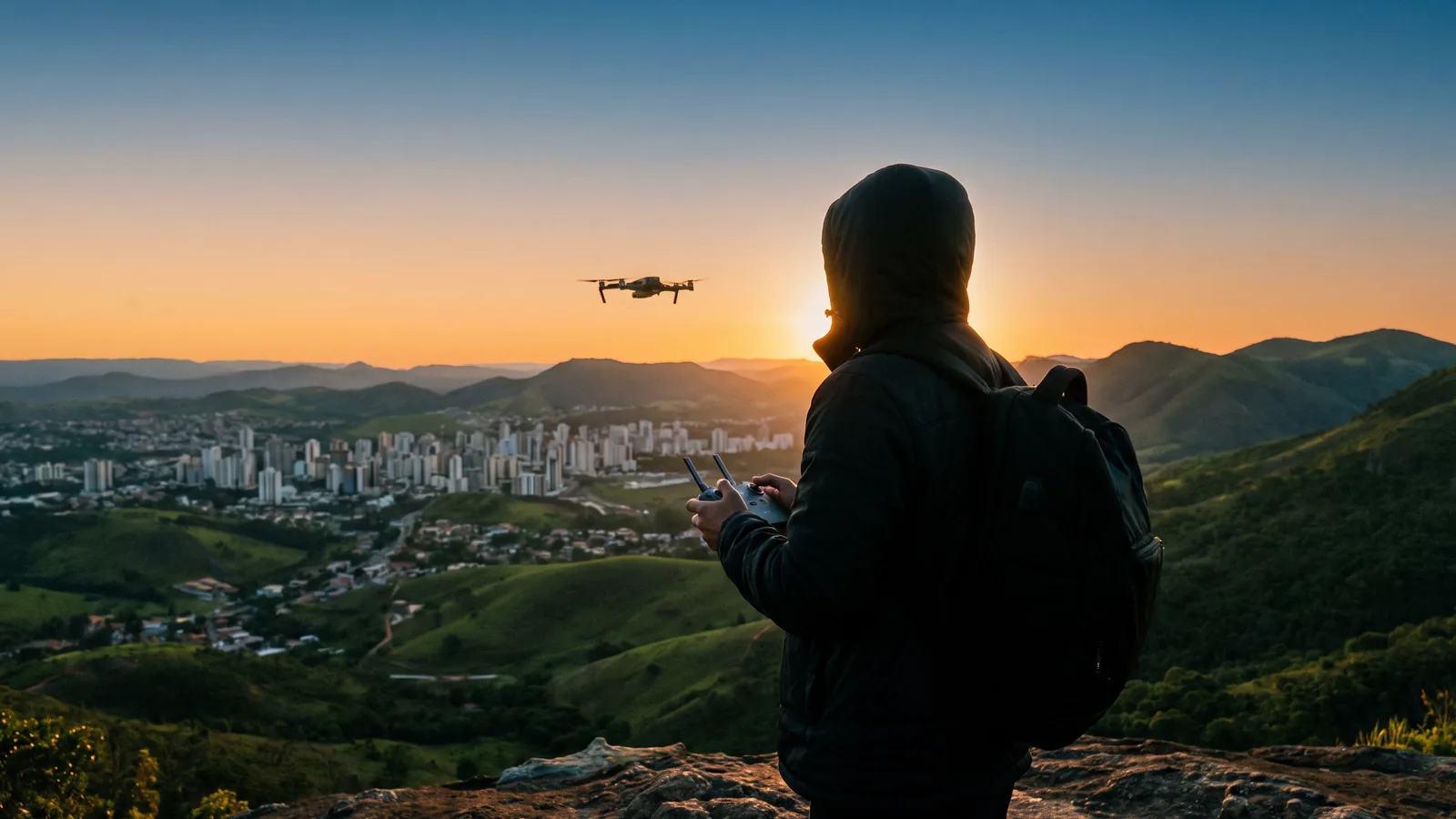 Operador de drone visto de costas num ponto alto ao pôr do sol, com o drone no ar e a cidade no vale ao fundo