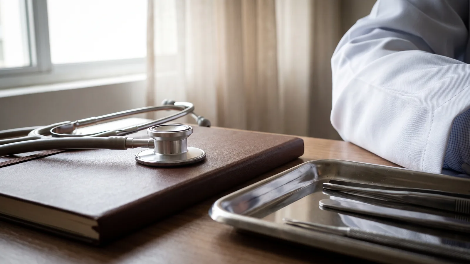 Detalhe da mesa de um consultório: estetoscópio apoiado sobre um caderno fechado, bandeja de instrumentos limpos e a manga do jaleco branco do profissional na borda do quadro