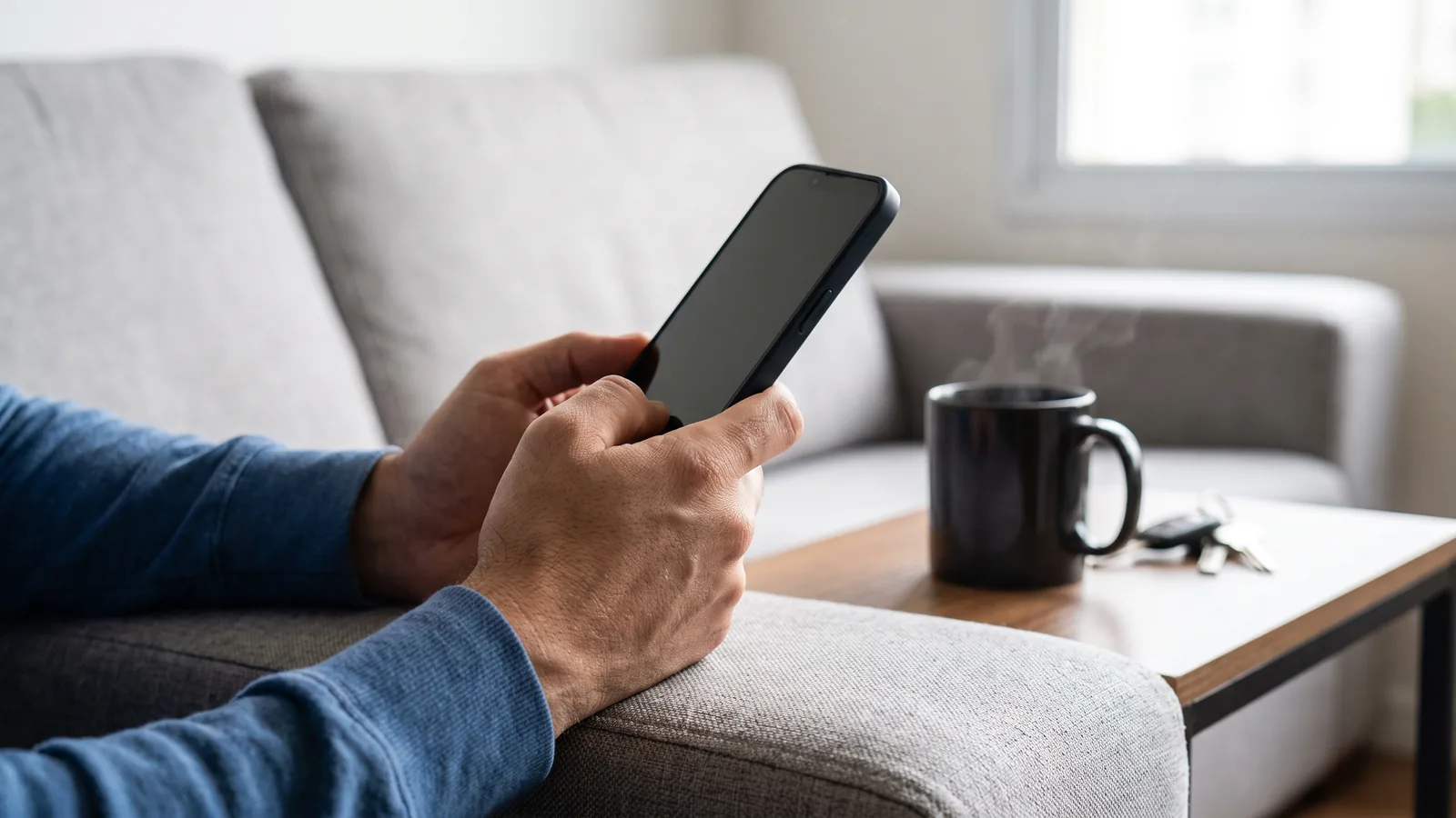 Homem sentado no sofá da sala segurando o celular com as duas mãos durante o dia, com uma caneca de café e um molho de chaves na mesa de apoio