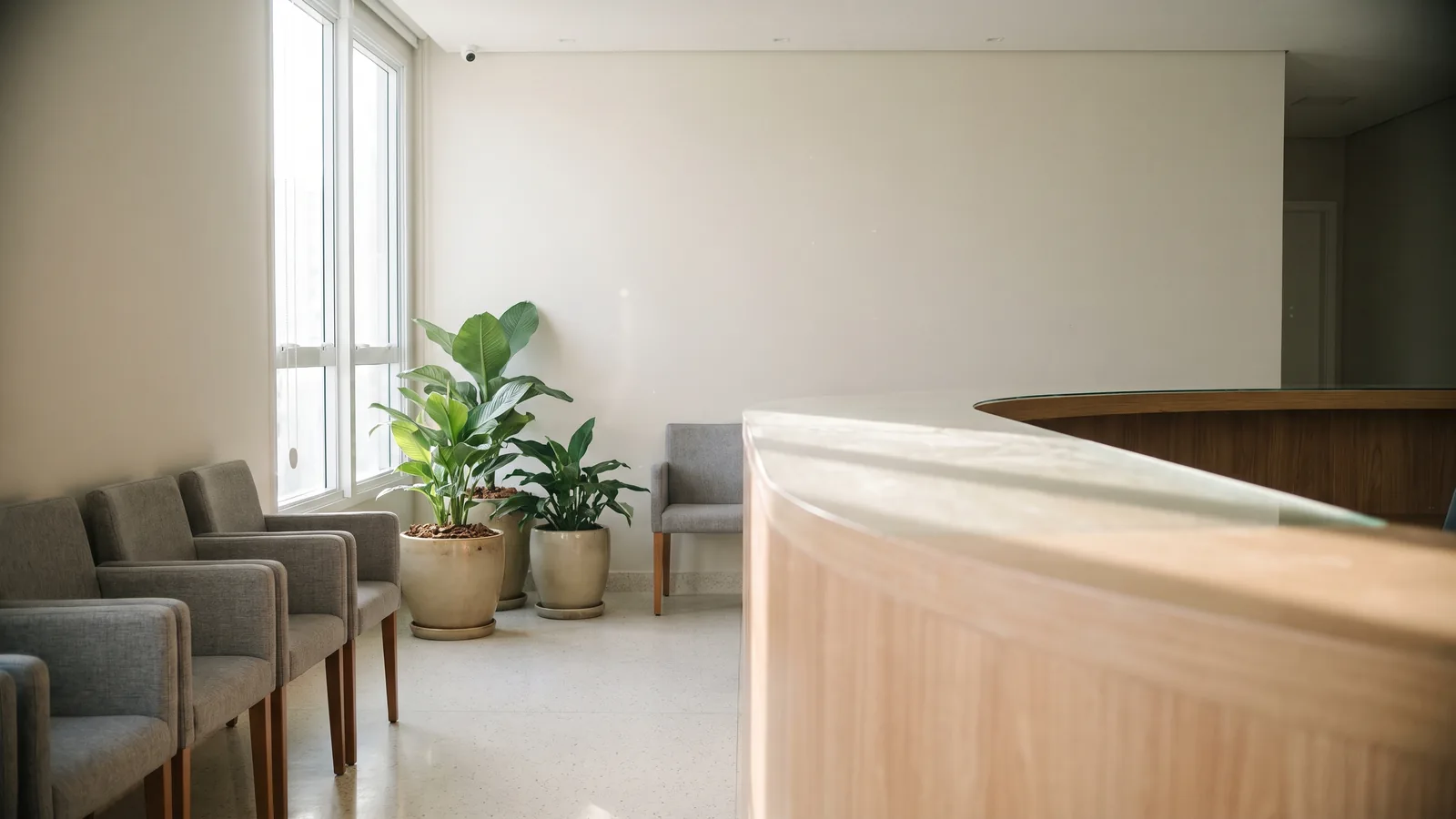 Recepção de uma clínica com balcão curvo de madeira clara, fileira de poltronas de espera, plantas em vasos e janela alta com luz natural