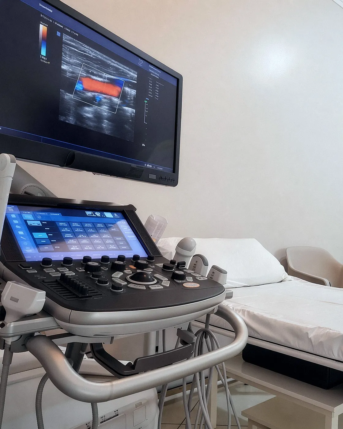 Sala de exame da Lemede Ultrassom, no Cariru, em Ipatinga: aparelho de ultrassom em primeiro plano e maca ao fundo.